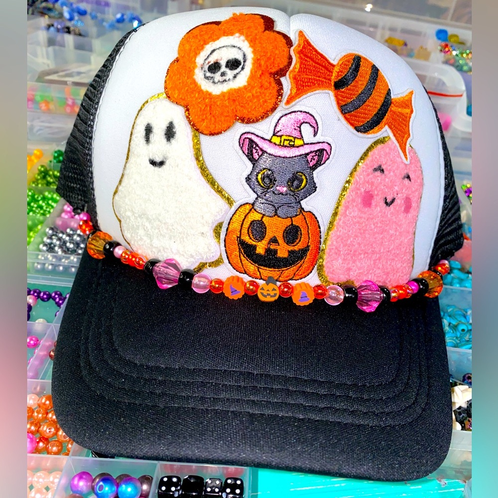 Halloween fall custom made trucker hat with pink ghost and black cat!